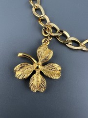 Vintage Charm Bracelet Gold Tone Curb Link Good Luck Clover Mandolin Germany