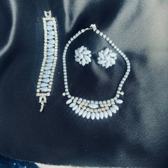 Vintage Light Blue Milk Glass Rhinestone Necklace Bracelet Earrings Jewelry Set