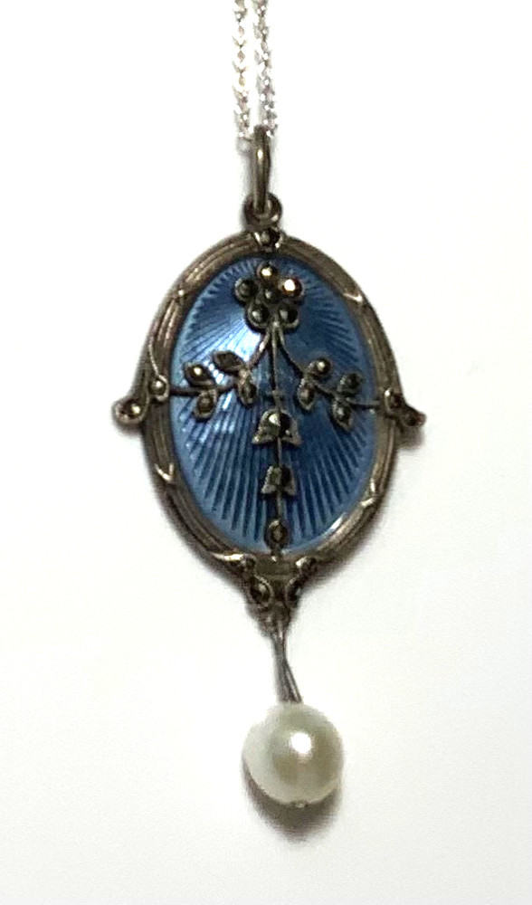 GORGEOUS! Antique STERLING ENAMEL GUILLOCHE /PEARL Pendant Necklace!! MINT!!!!