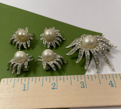 Vintage Celebrity NY Rhinestone Faux Pearl Brooch Earring Shoe Clip Set Signed
