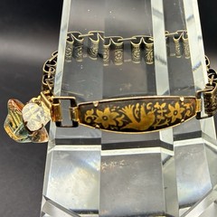 Vintage Damascene, Faux Opal Charms & Book Chain Links Bracelet Integrated w New