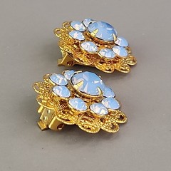 Rhinestone Flower Brooch Clip On Earrings Set Blue Opalite Round