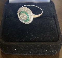 ANTIQUE ART DECO 2.30 Ct EUROPEAN DIAMOND AND EMERALD PLATINUM TARGET RING