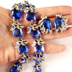 Vintage BSK Blue Glass Crystal Leaf Demi Parure Necklace Bracelet Earrings SET