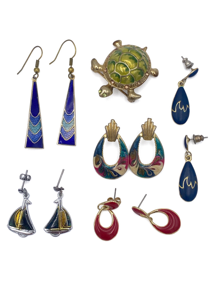 11pc Vintage Enamel Jewelry Lot 5 Pair Earrings Turtle Brooch Cloisonne