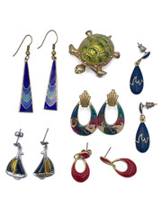 11pc Vintage Enamel Jewelry Lot 5 Pair Earrings Turtle Brooch Cloisonne