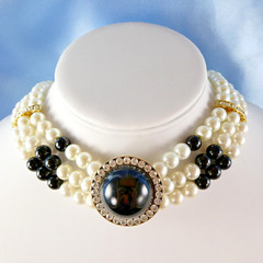 Vintage Faux Pearl Necklace Black White Beaded Multi Strand w/ Crystals