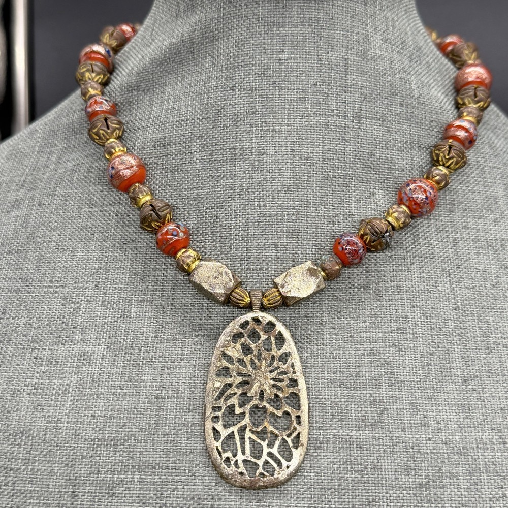 Vintage Necklace Painted Glass Beads Metal Beads Metal Filigree Pendant