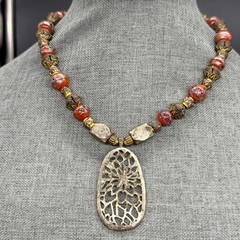 Vintage Necklace Painted Glass Beads Metal Beads Metal Filigree Pendant