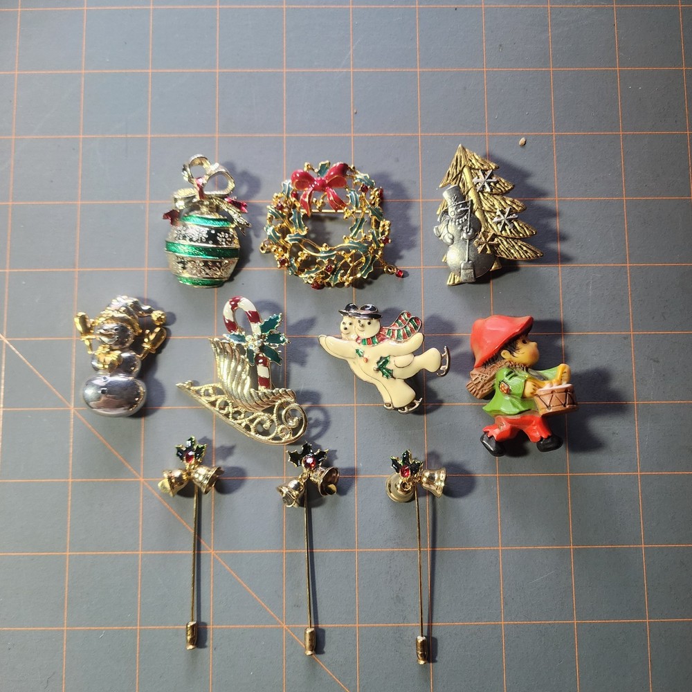 Vintage Christmas Holiday Pin Brooch Lot Enamel Rhinestone Snowman Tree…