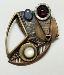 Signed Art Craft Modern Mixed Metal Brooch With Gemstone 1 3/4″
