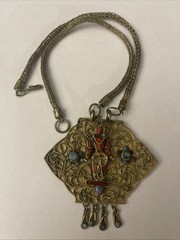 Vintage Nepal/Tibetan Brass Metal Coral Turquoise Stones Buddha Necklace ￼