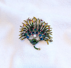 Multicolor Rhinestone Flower Fan 3 1/8″ x 3″ Dual Brooch Pin Pendant