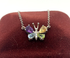 Ross Simons 925 Sterling Silver Multi Gemstone Butterfly pendant necklace 15″