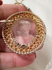 Necklace Carved Glass Cameo Warner Pendant Rhinestones Orig 23″ Chain Vintage