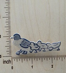 Vintage Signed ASOU Hand Painted Ceramic Duck Family Brooch Blue White Folk Art
