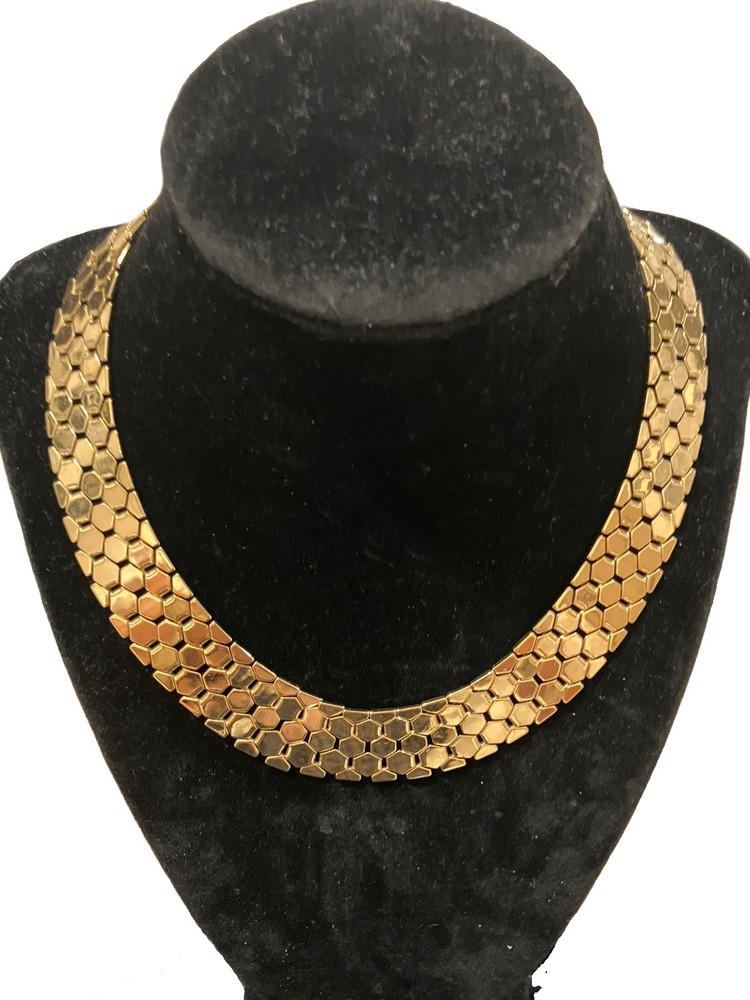Vintage Gold Tone Honeycomb Hexagon Link Collar Choker Statement Bib Necklace