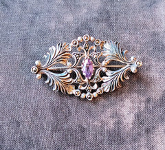 Art Deco Amethyst & Sterling Silver Vintage Brooch, Marcasites, ANtique Style