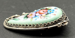 800 Silver Russian Finift Hand Painted Enamel Floral Filigree Paisley Brooch