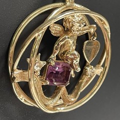 Vintage Coro February Pendant Necklace Gold Tone Cherub Glass Garnet Rhinestone