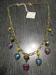 OOAK One of a Kind by Iris Lane Drop Glass Heart Charms Gold Chain 19″ Necklace