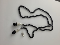 Black Glass Bead Rhinestone Tassel Lariat Necklace +Enhancer Signed Replica 44″