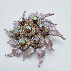 Selini Pearlescent Pink Rhinestone Brooch & Clip-On Earrings AB Crystal Vintage