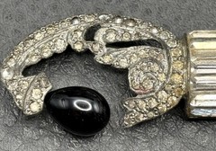 Vintage 1930’s Art Deco Black Faux Onyx Glass Rhinestone Brooch Pin READ