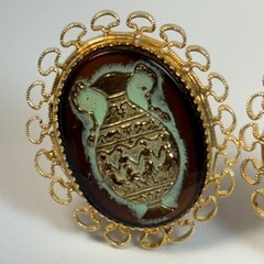 Lewis Segal Earrings Clip On Gold Tone Glass Grecian Urn Vase Cameo 1960s