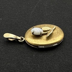TULIP gold-plated locket – faux opal flower – 1.25″ oval pendant holds 2 photos