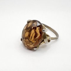 Vintage Cocktail Ring Faux Topaz Faceted Glass Brown Oval Stone Boho Chic Sz 6.5