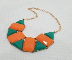 Vintage Orange and Green Acrylic Geo Tile Mosiac Bib Gold Tone Choker Necklace