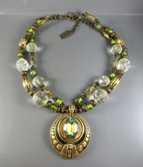 Vintage ANTHONY ALEXANDER Beaded Necklace MIXED METALS Rhinestone Pendant GREEN