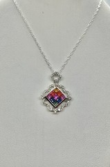 Vintage Rainbow Color Faceted Square Sterling 925 Diamond Shape Pendant Necklace