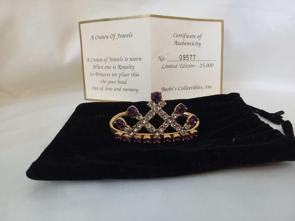 Vintage Gold Tone Metal Crown of Jewels Amethyst & Clear Rhinestones COA & Pouch