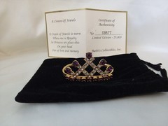 Vintage Gold Tone Metal Crown of Jewels Amethyst & Clear Rhinestones COA & Pouch