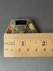 Vintage Miracle Scotland Brooch Pin Faux Agate Celtic Thistle Hexagon Gold Tone