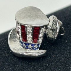 VTG Patriotic USA Uncle Sam Top Hat Lapel Pin Brooch Rhinestone Red Blue Enamel