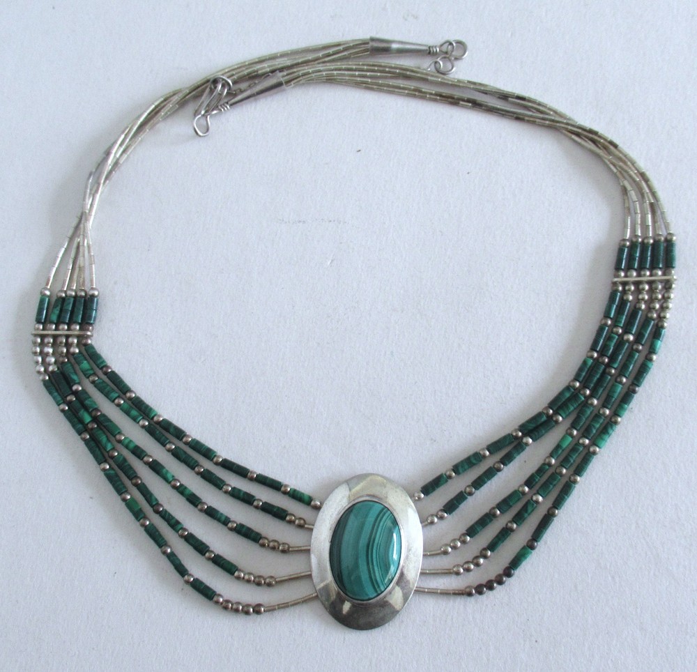 NATIVE AMERICAN STERLING NECKLACE w MALACHITE, 18 INCHES, 18 GRAMS