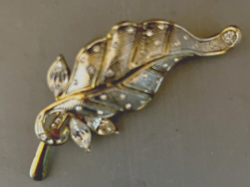 Vintage Gold Tone Rhinestone Leaf Brooch 3.5 inches