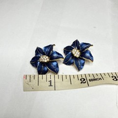 Vintage Blue Gold Flower Clip-On Earrings Rhinestone Center Statement Jewelry
