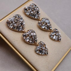 Triple Heart Dangle Earrings Gold Tone Clear Rhinestone Acrylic Statement 2.25″