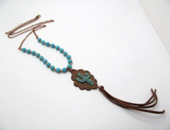 Vintage Natural Leather Howlite Stone Cactus Rose Gold Tone Long Necklace