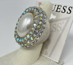 Vintage GUESS ? Y2K Oversized Faux Pearl Rhinestone Cocktail Ring Statement 8.5