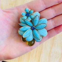 VTG Estate W. Germany Pin Brooch Blue Flower Rhinestone Celluloid Large Signed