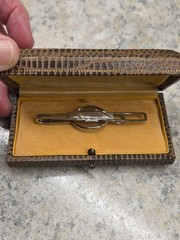 Antique Silver Tone Art Deco Tie Bar Engraved “TEL” Pre 1920 w/Faux Lizard Case