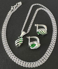 Sterling 925 Stamped, Vintage, Cage-Swirl Green Stones Pendant Necklace and Matc