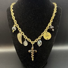 Vintage Brassy Bronzy Necklace & Charms of Mixed Metals: Cross, Angel Wing, OOAK