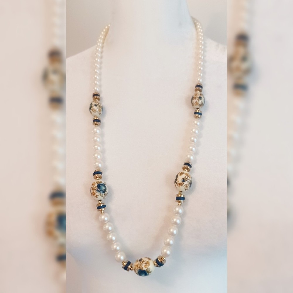 Vintage Japan Transferware Blue Floral Bead & Faux Pearl Station Necklace