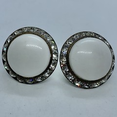 Vtg Channel Set Rhinestone Halo White Cabochon Brass Huggie Earrings Screwback